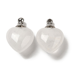 Quartz Crystal Natural Quartz Crystal Perfume Bottle Pendants, Heart Charms with Stainless Steel Color Plated 304 Stainless Steel Findings, 28x20x12mm, Hole: 2mm