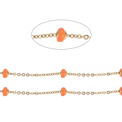 Dark Orange Stainless Steel Satellite Chains, with Enamel Beads and Spool, Soldered, Long-Lasting Plated, Flat Round, Golden, Dark Orange, 1.5x1.2x0.3mm, about 32.8 Feet(10m)/roll