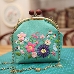 Turquoise DIY Wood Bead Kiss Lock Coin Purse Embroidery Kit, Including Embroidered Fabric, Embroidery Needles & Thread, Metal Purse Handle, Flower Pattern, Turquoise, 210x165x40mm