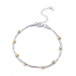 Golden & Stainless Steel Color 304 Stainless Steel 2-strand Round Snake Chain Bracelets, with Round Beads and Lobster Claw Clasps, Golden & Stainless Steel Color, 8-1/8 inch(20.5cm)