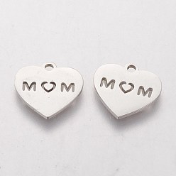 Stainless Steel Color Mother's Day Theme, 304 Stainless Steel Charms, Heart with Word MOM, Stainless Steel Color, 13x14x1mm, Hole: 1.5mm