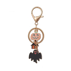 Golden Halloween Theme Alloy Enamel Keychains, with Iron Keychain Clasp Findings, Pumpkin & Ghost & Haunted House, Golden, 10.3cm