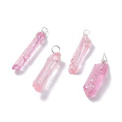 Pink Electroplated Natural Quartz Pendants, with Silver Tone Copper Wire Wrapped, Chip, Pink, 18~31x4~7x3.5~6mm, Hole: 3~3.9mm