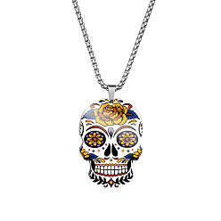 Goldenrod Stainless Steel Skull with Flower Pendant Necklaces, Halloween Jewelry for Women, Goldenrod, 23.62 inch(60cm)