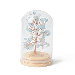 Aquamarine Natural Aquamarine Chips Money Tree in Dome Glass Bell Jars with Wood Base Display Decorations, for Home Office Decor Good Luck, 71x114mm