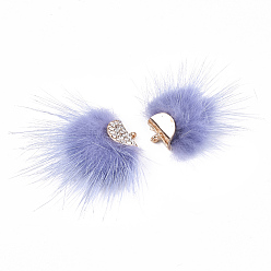 Bleu Ardoise Moyen Décorations pendantes de pompon en fausse fourrure de vison, avec strass et les accessoires en alliage, fan, or, bleu ardoise moyen, 24~28x29~34x8mm, Trou: 1.5mm