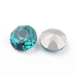 Blue Zircon Pointed Back & Back Plated Glass Rhinestone Cabochons, Grade A, Faceted, Flat Round, Blue Zircon, 8x4.5mm