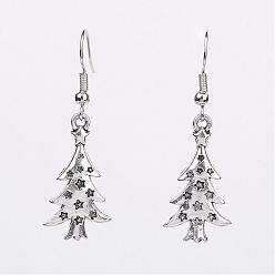 Antique Silver Alloy Dangle Earrings, Christmas Tree, Antique Silver, 41mm, 26x14x2.5mm, Pin: 0.6mm