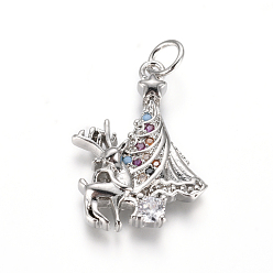 Platinum Brass Micro Pave Cubic Zirconia Pendants, with Jump Rings, Christmas Reindeer/Stag & Christmas Tree, for Christmas, Colorful, Platinum, 21.5x15.5x3.5mm, Hole: 3.5mm