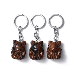 Obsidienne Acajou Porte-clés obsidienne acajou naturel, avec des fermoirs porte-clés en fer, fox, 8 cm
