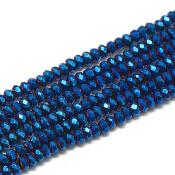 Синий Стеклянные бусины с гальваническим покрытием , граненые, рондель, синие, 2.5x1.5 мм, отверстие : 0.8 мм, около 160~165 шт / нитка, 13.78 дюйм ~ 14.17 дюйм (35~36 см)