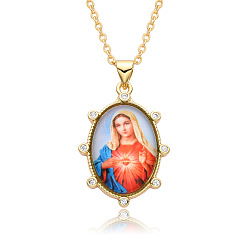 Colorido Collar con colgante ovalado de resina con tema religioso y diamantes de imitación, collar de latón dorado, colorido, 19.69 pulgada (50 cm)