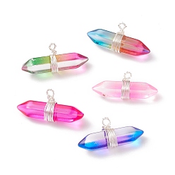 Mixed Color Glass Pendants, Wire Wrapped Pendants, with Brass Findings, Bullet, Silver, Mixed Color, 16x33x10mm, Hole: 2mm
