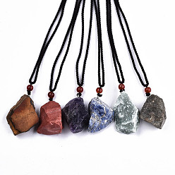 Mixed Stone Natural Gemstone Pendant Necklaces, Slider Necklaces, with Random Color Polyester Cords, Rough Raw Stone, 26~29.9 inch(66~76cm)