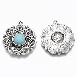 Antique Silver Tibetan Style Alloy Pendants, with Synthetic Turquoise, Cadmium Free & Lead Free, Flower, Antique Silver, 35x31x8mm, Hole: 1.6mm
