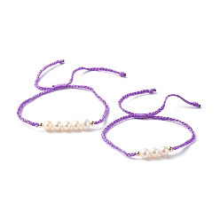 Blue Violet Adjustable Nylon Thread Cord Bracelets Sets for Mom & Daughter, with Natural Pearl Beads and Brass Spacer Beads, Blue Violet, 0.25cm, Inner Diameter: 1.18~3.66 inch(30~93mm), 0.59~2.80 inch(15~71mm), 2pcs/set