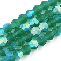 Sea Green Imitate Austrian Crystal Bicone Frosted Glass Beads Strands, Grade AA, Faceted, Sea Green, 3.5x3mm, Hole: 0.8mm, 108~123pcs/strand, 12.76~14.61 inch(32.4~37.1cm)