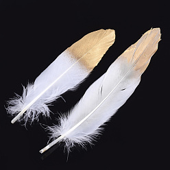 White Goose Feather Costume Accessories, Dyed, Spray Gold Color, White, 170~220x40~45mm, about 100pcs/bag