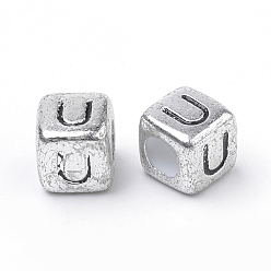 Letter U Plated Acrylic Beads, Horizontal Hole, Cube with Letter, Antique Silver, Letter.U, 6mm, Hole: 3mm, about 3000pcs/500g