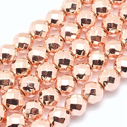 Rose Gold Plated Electroplate Non-magnetic Synthetic Hematite Beads Strands, Grade AAA, Long-Lasting Plated, Faceted, Round, Light Rose Gold Plated, 3mm, Hole: 1mm, about 140pcs/strand, 15.7 inch(40cm)