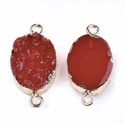 Red Electroplate Druzy Resin Links connectors, with Iron Findings, Oval, Light Gold, Red, 26~27x13x5~6mm, Hole: 1mm
