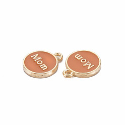 Chocolate Alloy Enamel Charms, Cadmium Free & Lead Free, Light Gold, Flat Round with Mom, Chocolate, 14.5x12x2mm, Hole: 1.4mm