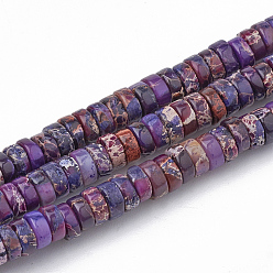 Púrpura Hilos sintéticos de cuentas de jaspe imperial, perlas heishi, Disco redondo plano, púrpura, 4~5x2~2.5 mm, agujero: 0.5 mm, sobre 173 unidades / cadena, 15.5 pulgada