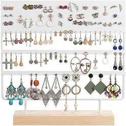 White Triple Levels Rectangle Iron Earring Display Stand, Jewelry Display Rack, with Wood Findings Foundation, White, 7x30x29cm