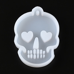 Blanc Moules en silicone pendentif tête de mort, moules de résine, pour la résine UV, fabrication de bijoux en résine époxy, Halloween, blanc, 59x43x9mm, Trou: 3mm