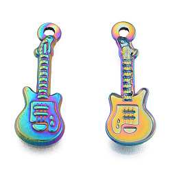Rainbow Color 201 colgantes de acero inoxidable, guitarra, color del arco iris, 25.5x9x2 mm, agujero: 1.6 mm