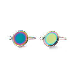 Rainbow Color Ion Plating(IP)  Rainbow Color 304 Stainless Steel Dangle Earrings, Cabochon Settings, with Vertical Loop, Flat Round, Rainbow Color, Tray: 12mm, 25.5mm, 19 Gauge, Pin: 0.9mm