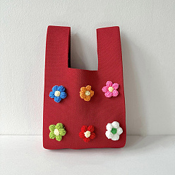 FireBrick Polyester 3D Flower Knitted Tote Bags, Cartoon Crochet Handbags for Women, FireBrick, 34x21cm