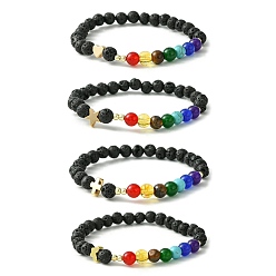 Mixed Shapes Natural & Synthetic Mixed Gemstone Chakra Theme Bracelet, Brass Beaded Stretch Bracelet, Mixed Shapes, Inner Diameter: 2-1/8 inch(5.5cm)