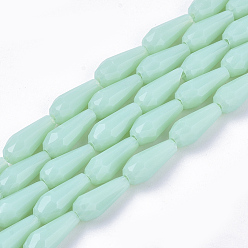Aquamarine Opaque Solid Color Glass Beads Strands, Imitation Jade, Faceted, Teardrop, Aquamarine, 9~10x4mm, Hole: 1mm, about 72pcs/Strand, 26.38~27.17 inch(67~69cm)