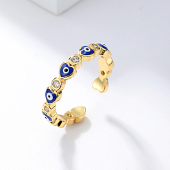 Blue Brass Micro Pave Cubic Zirconia Cuff Rings, with Enamel, Heart with Evil Eye, Blue, Inner Diameter: 16~18mm