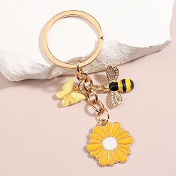 Gold Resin & Alloy Enamel Butterfly/Flower/Bee Pendant Keychain, with Metal Key Rings, for Car Key Bag Charms Accessories, Gold, 100mm