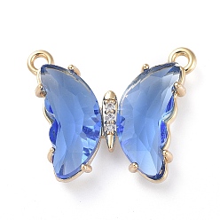 Cornflower Blue Brass Micro Pave Clear Cubic Zirconia Links, with Glass, Butterfly, Golden, Cornflower Blue, 18x21.5x4.5mm, Hole: 1.4mm