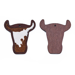 Sienna Eco-Friendly Cowhide Leather Big Pendants, with Dyed Wood, Cow's Head, Sienna, 55x50x3mm, Hole: 2.5mm
