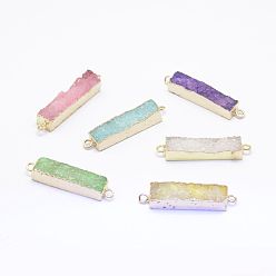 Mixed Color Electroplated Natural Druzy Agate Links/Connectors, Golden, Rectangle, Mixed Color, 30~45x8~9x4.5~7.5mm, Hole: 2mm