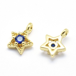 Real 18K Gold Plated Brass Charms, with Cubic Zirconia, Lead Free & Cadmium Free & Nickel Free, Star, Blue, Real 18K Gold Plated, 11x7.5x4mm, Hole: 2mm