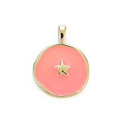 Light Coral Brass Enamel Pendants, Cadmium Free & Nickel Free & Lead Free, Real 16K Gold Plated, Flat Round with Star, Light Coral, 20.5x15.5x4.5mm, Hole: 2.5x3mm
