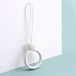 White Ring with Bear Shapes Silicone Mobile Phone Finger Rings, Finger Ring Short Hanging Lanyards, White, 9.5~10cm, Ring: 40x30x9mm