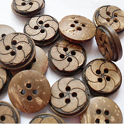 Bois Solide Boutons d'art en forme ronde avec 4-trou pour les enfants, bouton de noix de coco, burlywood, environ 15 mm de diamètre, environ 100 pcs / sachet 