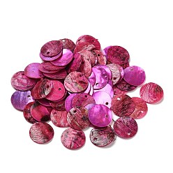 Fuchsia Spray Painted Natural Akoya Shell Charms, Mother of Shell, Flat Round Charms, Fuchsia, 13x1.5mm, Hole: 1mm