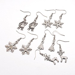 Antique Silver Christmas Theme Tibetan Style Alloy Dangle Earrings, with Brass Earring Hooks, Antique Silver, 41~46mm, Pin: 0.6mm