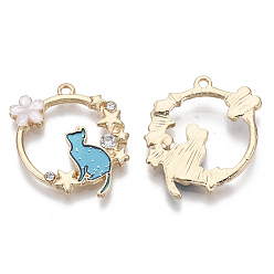 Sky Blue Alloy Crystal Rhinestone Pendants, with Enamel and Resin, Glitter Powder, Golden, Cat with Flower, Sky Blue, 24x22x3mm, Hole: 1.5mm