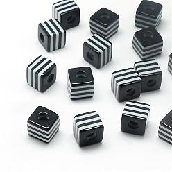 Noir Perles en résine à rayures opaques, cube, noir, 10x10x9mm, Trou: 4mm