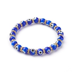 Blue Handmade Evil Eye Lampwork Beaded Stretch Bracelets, with Flat Round Brass Rhinestone Beads, Blue, Inner Diameter: 2-1/2 inch(6.3cm)