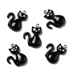 Black Halloween Opaque Resin Pendants, with Platinum Tone Iron Loops, Cat, Black, 28x21x6mm, Hole: 2mm