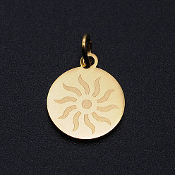 Golden 201 Stainless Steel Charms, with Jump Rings, Flat Round with Sun, Golden, 14.5x12x1mm, Hole: 3mm